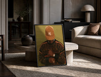 Black Man in Brown Baseball Cap print on the floor, leaning against a travertine table