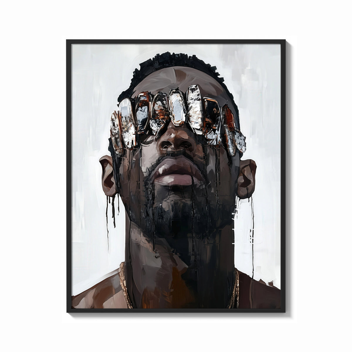 Framed Black Man in Metallic Sunglasses print shown as a bold statement piece on a clean gallery wall