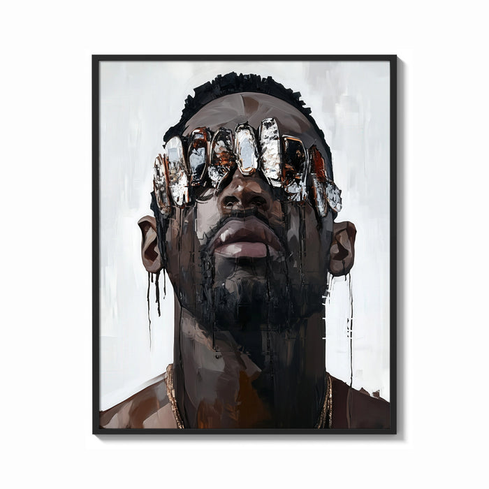 Framed Black Man in Metallic Sunglasses print shown as a bold statement piece on a clean gallery wall