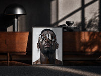 Black-framed Black Man in Metallic Sunglasses print on the floor in front of a dark wooden console