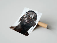 Gently curled Black Man in Metallic Sunglasses print beside its protective shipping tube
