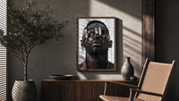 Black Man in Metallic Sunglasses poster framed above a fluted sideboard beside a potted tree