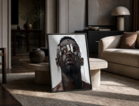 Black Man in Metallic Sunglasses print on the floor, leaning against a travertine table