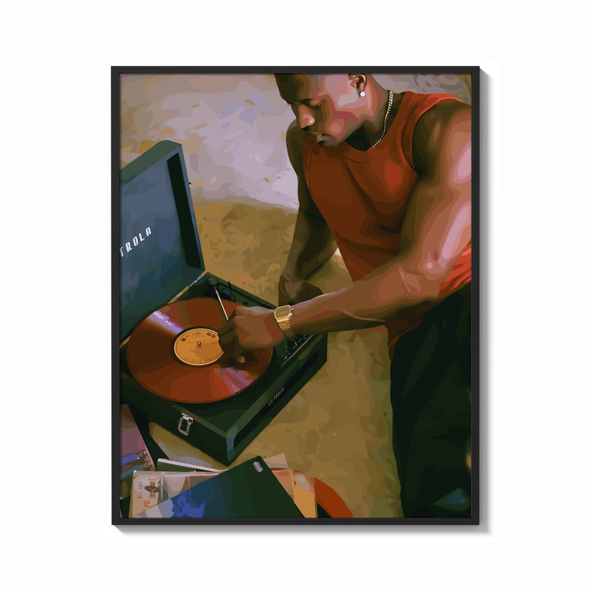 Framed Black Man Playing a Vinyl Record print shown as a bold statement piece on a clean gallery wall