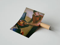 Gently curled Black Man Playing a Vinyl Record print beside its protective shipping tube