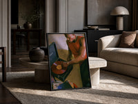 Black Man Playing a Vinyl Record print on the floor, leaning against a travertine table