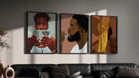 Black Man Reading and Grooming Set of 3 in black frames on a grey wall above a leather sofa