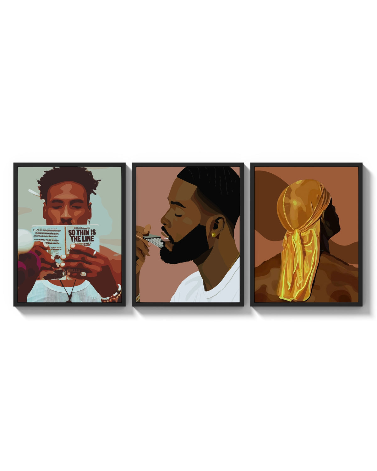 Black Man Reading and Grooming Set of 3 arranged on a bright gallery wall