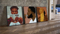 Black Man Reading and Grooming Set of 3 leaning on parquet beside a vintage loft door