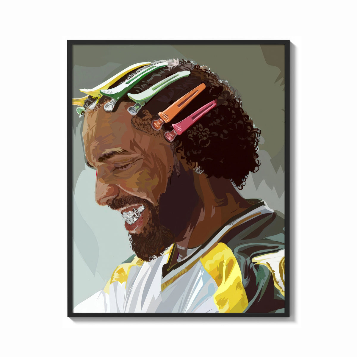 Framed Black Man with Colorful Hair Clips print shown as a bold statement piece on a clean gallery wall