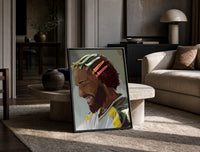 Black Man with Colorful Hair Clips print on the floor, leaning against a travertine table