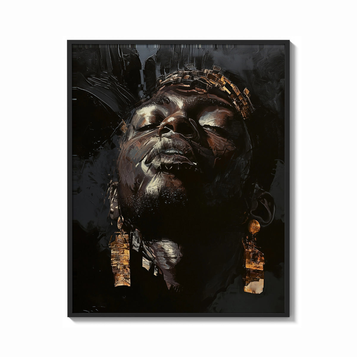 Framed Black Man with Gold Drop Earrings print shown as a bold statement piece on a clean gallery wall