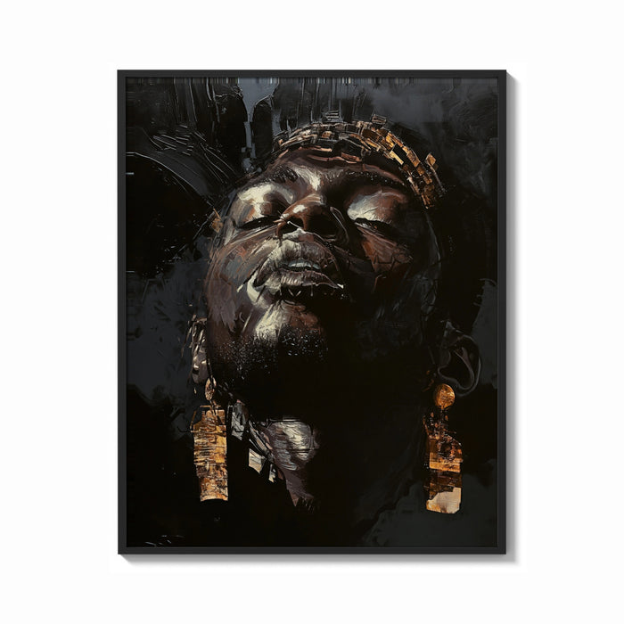 Framed Black Man with Gold Drop Earrings print shown as a bold statement piece on a clean gallery wall