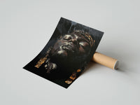 Gently curled Black Man with Gold Drop Earrings print beside its protective shipping tube