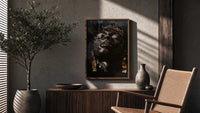 Black Man with Gold Drop Earrings poster framed above a fluted sideboard beside a potted tree