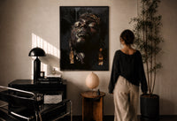 Black Man with Gold Drop Earrings print in a black frame on a sunlit plaster wall, a woman looking on beside a mushroom lamp