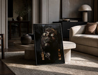 Black Man with Gold Drop Earrings print on the floor, leaning against a travertine table