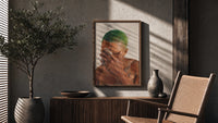 Black Man with Green Hair poster framed above a fluted sideboard beside a potted tree