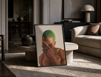 Black Man with Green Hair print on the floor, leaning against a travertine table