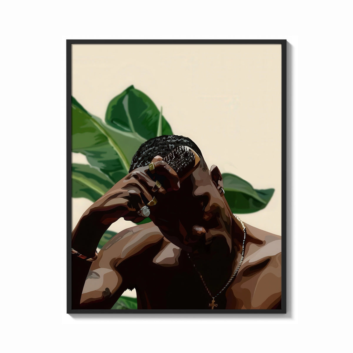 Framed Black Man with Hand on Head print shown as a bold statement piece on a clean gallery wall