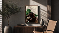 Black Man with Hand on Head poster framed above a fluted sideboard beside a potted tree