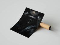 Dark armor samurai print with Japanese calligraphy resting on a cardboard shipping tube