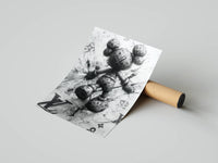 KAWS luxury monogram art print with bold ink splash and floral motifs in high-contrast black and white
