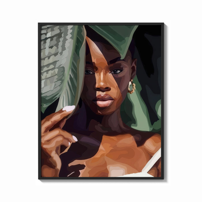 Framed Black Woman with Tropical Leaves print shown as a bold statement piece on a clean gallery wall