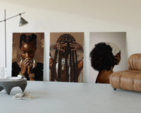 Black Woman Hairstyles Set of 3 displayed beside a brown leather sofa