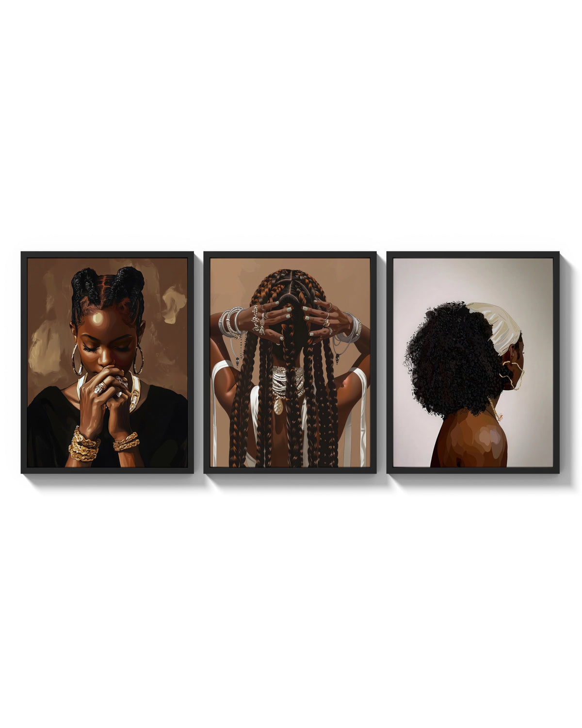 Black Woman Hairstyles Set of 3 arranged on a bright gallery wall