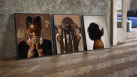 Black Woman Hairstyles Set of 3 leaning on parquet beside a vintage loft door