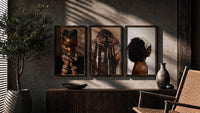 Black Woman Hairstyles Set of 3 in walnut frames above a sideboard in a warm room