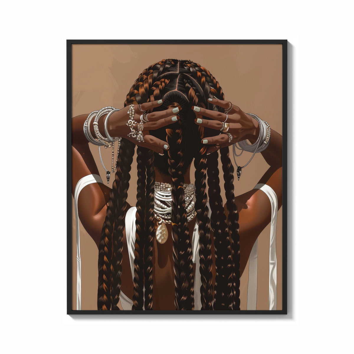 Framed Black Woman Holding Her Braids print shown as a bold statement piece on a clean gallery wall