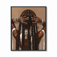 Framed Black Woman Holding Her Braids print shown as a bold statement piece on a clean gallery wall