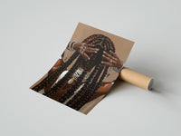 Gently curled Black Woman Holding Her Braids print beside its protective shipping tube