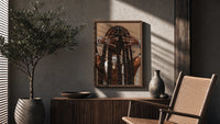 Black Woman Holding Her Braids poster framed above a fluted sideboard beside a potted tree