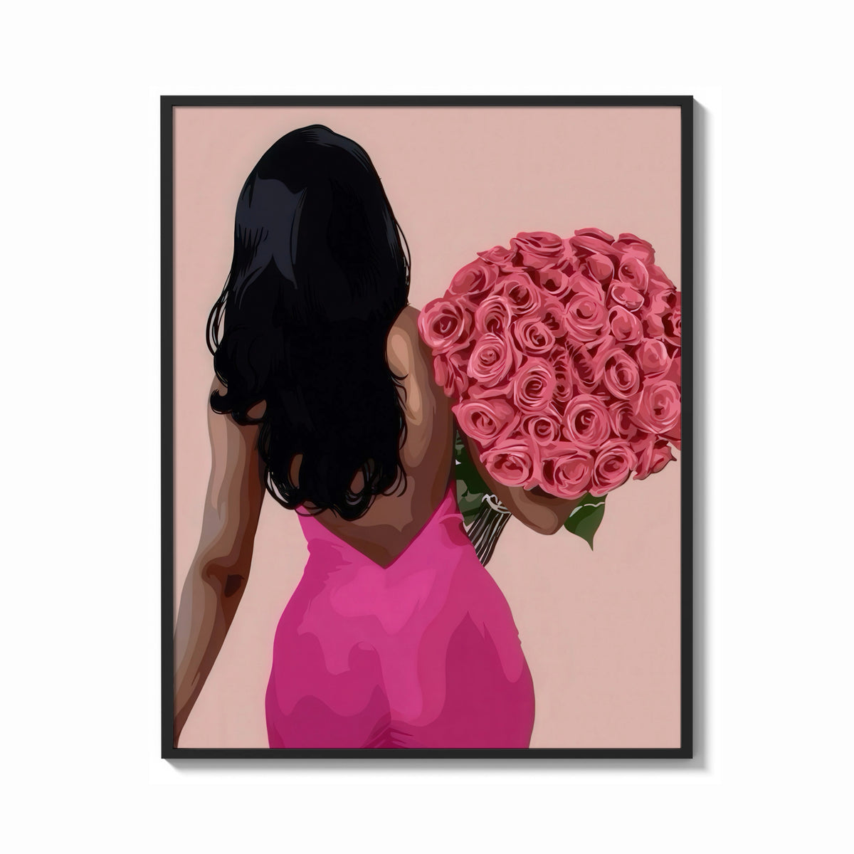 Framed Black Woman Holding Pink Roses print shown as a bold statement piece on a clean gallery wall