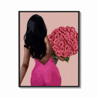 Framed Black Woman Holding Pink Roses print shown as a bold statement piece on a clean gallery wall