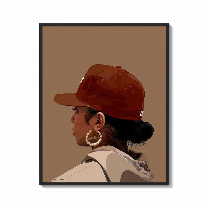 Framed Black Woman in Red Baseball Cap print shown as a bold statement piece on a clean gallery wall