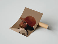 Gently curled Black Woman in Red Baseball Cap print beside its protective shipping tube