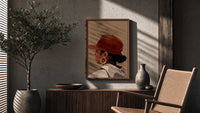 Black Woman in Red Baseball Cap poster framed above a fluted sideboard beside a potted tree