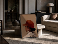 Black Woman in Red Baseball Cap print on the floor, leaning against a travertine table