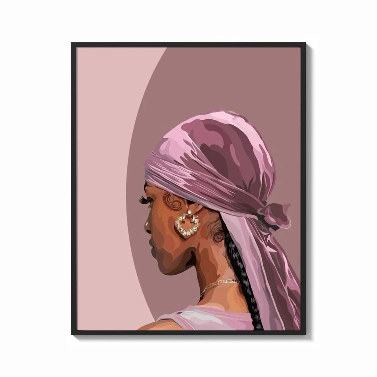 Framed Black Woman with a Pink Headscarf print shown as a bold statement piece on a clean gallery wall