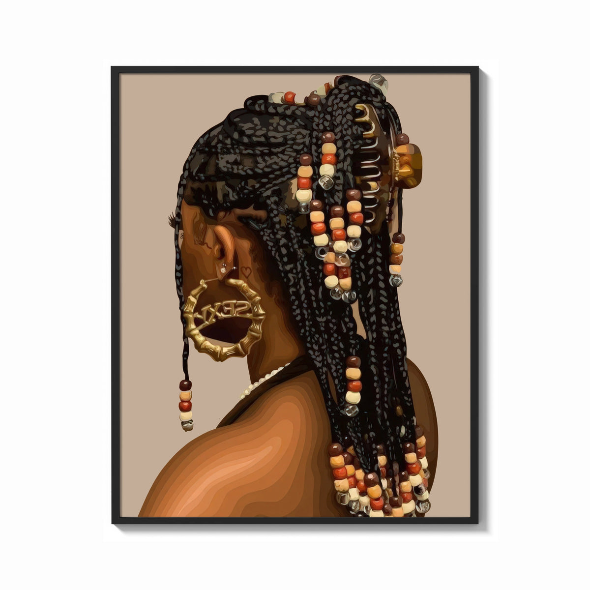 Framed Black Woman with Beaded Braids print shown as a bold statement piece on a clean gallery wall