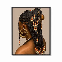 Framed Black Woman with Beaded Braids print shown as a bold statement piece on a clean gallery wall