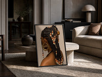 Black Woman with Beaded Braids print on the floor, leaning against a travertine table