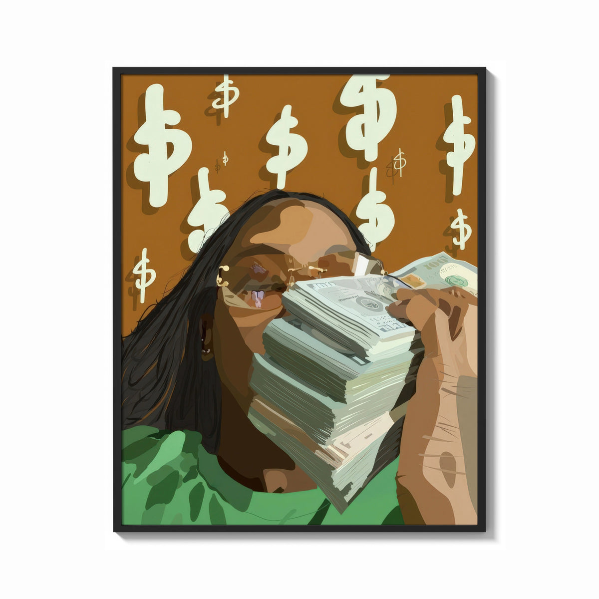 Framed Black Woman with Cash print shown as a bold statement piece on a clean gallery wall