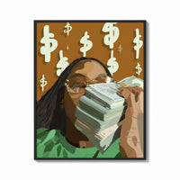 Framed Black Woman with Cash print shown as a bold statement piece on a clean gallery wall