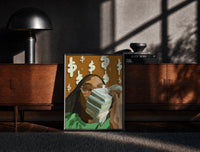 Black-framed Black Woman with Cash print on the floor in front of a dark wooden console