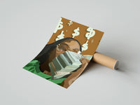 Gently curled Black Woman with Cash print beside its protective shipping tube